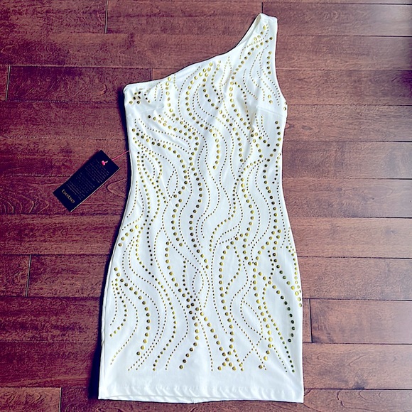 Bebe Bodycon Embellished White Gold Studded One Shoulder Dress S NWT - Picture 2 of 8